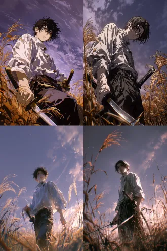 镜头构图：低角度仰视镜头，人物居于画面中心。广阔的金色芦苇原野，高高的苇草环绕在人物四周，画面带有复古胶片暗角效果。 人物细节：咒术回战乙骨忧太，利落黑色短发，神情凝重专注。身穿宽松白色翻领上衣，黑色长裤。身体微微前倾、重心压低，右手握住武士刀，刀刃向下，呈蓄势待发的战斗姿态，腰间还佩戴另一把刀。 场景光影氛围：背景是淡紫灰调的辽阔天空，点缀轻薄云层，柔和的黄昏漫射光。日式动画原画风格，暖黄苇草与清冷天空形成色彩对比，胶片颗粒质感，整体充满肃杀又孤寂的氛围感。