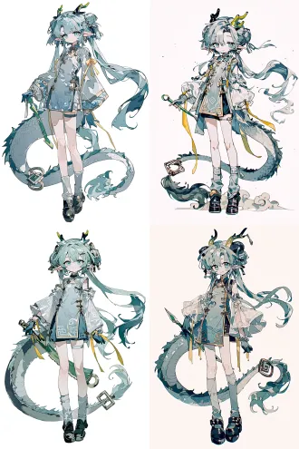 少女身形，浅青绿色长发，整齐的齐刘海，一部分头发盘成发髻，余下的长发如飘带般向画面右侧舒展飞扬。头顶生有黑底、尖端黄绿渐变的龙角，长而尖的精灵耳，清透的冰蓝色眼眸，神情温婉柔和，带着浅浅笑意。 身着浅灰蓝改良国风短连衣裙，裙身带有几何暗纹、金色包边与金属扣装饰；搭配宽大飘逸的半透白纱广袖，袖间垂落黄色彩带。双臂覆着渐变蓝灰色长手套，左手腕串有圆珠手串；大腿配有细绑带，浅灰中筒袜，深色厚底小皮鞋。身后一条修长巨大的深灰龙尾盘旋舒展，尾端缠绕方块环形法器。右手高高举起一柄青绿长柄弯刀法器，身姿轻盈，如同踏云而立，融合龙裔的灵韵与现代国风设计。