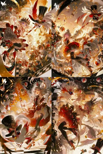 竖版插画，低角度仰视镜头，少女居于画面中心，腾空跃起，充满爆发力与动感。 少女有着一头飘逸修长的银白色长发，发丝蓬松舒展，紫水晶色的眼眸明亮灵动，嘴角扬起自信张扬的笑容，神态鲜活耀眼。 头戴银黑配色、造型锐利的尖顶小王冠，搭配小巧的红色尖角装饰。身穿红白撞色的马戏团演出蓬蓬裙，裙身带有荷叶花边、蝴蝶结与精致剪裁，高饱和度红裙衬着白色内衬；搭配黑色长筒蕾丝过膝袜、红黑尖头高跟。一只手握住红白条纹的马戏指挥棒向上举起，旁边有q版卡通小鸟，通体白羽，翅膀边缘带有浅灰斑纹，翅膀一侧内衬为红色。头戴黑色高顶礼帽，帽子装饰白色卷曲羽毛、红白色格纹饰带与金色小徽章；脸上佩戴黑红配色的假面眼罩，脖子系红白三角领结。小鸟摆出俏皮单腿抬起的pose，一只翅膀抬起搭在帽檐旁，姿态灵动俏皮。 环境是嘉年华游乐场舞台，黑白方格地板，橙红渐变的暖光背景。画面里漂浮着大量红白沙滩球、扑克牌、金色飘带彩屑，各种面具，元素四散翻飞，光影是浓烈的暖橙逆光，明暗对比强烈，笔触松散写意，色彩热烈活泼，整体是喧闹欢乐、刺激狂欢的马戏团氛围。