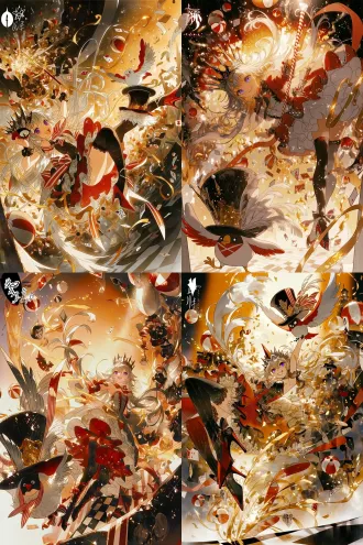 竖版插画，低角度仰视镜头，少女居于画面中心，腾空跃起，充满爆发力与动感。 少女有着一头飘逸修长的银白色长发，发丝蓬松舒展，紫水晶色的眼眸明亮灵动，嘴角扬起自信张扬的笑容，神态鲜活耀眼。 头戴银黑配色、造型锐利的尖顶小王冠，搭配小巧的红色尖角装饰。身穿红白撞色的马戏团演出蓬蓬裙，裙身带有荷叶花边、蝴蝶结与精致剪裁，高饱和度红裙衬着白色内衬；搭配黑色长筒蕾丝过膝袜、红黑尖头高跟。一只手握住红白条纹的马戏指挥棒向上举起，旁边有q版卡通小鸟，通体白羽，翅膀边缘带有浅灰斑纹，翅膀一侧内衬为红色。头戴黑色高顶礼帽，帽子装饰白色卷曲羽毛、红白色格纹饰带与金色小徽章；脸上佩戴黑红配色的假面眼罩，脖子系红白三角领结。小鸟摆出俏皮单腿抬起的pose，一只翅膀抬起搭在帽檐旁，姿态灵动俏皮。 环境是嘉年华游乐场舞台，黑白方格地板，橙红渐变的暖光背景。画面里漂浮着大量红白沙滩球、扑克牌、金色飘带彩屑，各种面具，元素四散翻飞，光影是浓烈的暖橙逆光，明暗对比强烈，笔触松散写意，色彩热烈活泼，整体是喧闹欢乐、刺激狂欢的马戏团氛围。