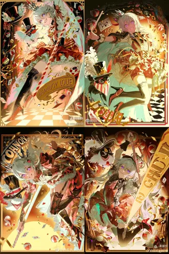 竖版插画，低角度仰视镜头，少女居于画面中心，腾空跃起，充满爆发力与动感。 少女有着一头飘逸修长的银白色长发，发丝蓬松舒展，紫水晶色的眼眸明亮灵动，嘴角扬起自信张扬的笑容，神态鲜活耀眼。 头戴银黑配色、造型锐利的尖顶小王冠，搭配小巧的红色尖角装饰。身穿红白撞色的马戏团演出蓬蓬裙，裙身带有荷叶花边、蝴蝶结与精致剪裁，高饱和度红裙衬着白色内衬；搭配黑色长筒蕾丝过膝袜、红黑尖头高跟。一只手握住红白条纹的马戏指挥棒向上举起，旁边有q版卡通小鸟，通体白羽，翅膀边缘带有浅灰斑纹，翅膀一侧内衬为红色。头戴黑色高顶礼帽，帽子装饰白色卷曲羽毛、红白色格纹饰带与金色小徽章；脸上佩戴黑红配色的假面眼罩，脖子系红白三角领结。小鸟摆出俏皮单腿抬起的pose，一只翅膀抬起搭在帽檐旁，姿态灵动俏皮。 环境是嘉年华游乐场舞台，黑白方格地板，橙红渐变的暖光背景。画面里漂浮着大量红白沙滩球、扑克牌、金色飘带彩屑，各种面具，元素四散翻飞，光影是浓烈的暖橙逆光，明暗对比强烈，笔触松散写意，色彩热烈活泼，整体是喧闹欢乐、刺激狂欢的马戏团氛围。