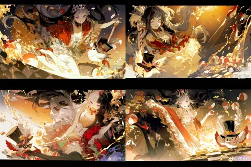 竖版插画，低角度仰视镜头，少女居于画面中心，腾空跃起，充满爆发力与动感。 少女有着一头飘逸修长的银白色长发，发丝蓬松舒展，紫水晶色的眼眸明亮灵动，嘴角扬起自信张扬的笑容，神态鲜活耀眼。 头戴银黑配色、造型锐利的尖顶小王冠，搭配小巧的红色尖角装饰。身穿红白撞色的马戏团演出蓬蓬裙，裙身带有荷叶花边、蝴蝶结与精致剪裁，高饱和度红裙衬着白色内衬；搭配黑色长筒蕾丝过膝袜、红黑尖头高跟。一只手握住红白条纹的马戏指挥棒向上举起，旁边有q版卡通小鸟，通体白羽，翅膀边缘带有浅灰斑纹，翅膀一侧内衬为红色。头戴黑色高顶礼帽，帽子装饰白色卷曲羽毛、红白色格纹饰带与金色小徽章；脸上佩戴黑红配色的假面眼罩，脖子系红白三角领结。小鸟摆出俏皮单腿抬起的pose，一只翅膀抬起搭在帽檐旁，姿态灵动俏皮。 环境是嘉年华游乐场舞台，黑白方格地板，橙红渐变的暖光背景。画面里漂浮着大量红白沙滩球、扑克牌、金色飘带彩屑，各种面具，元素四散翻飞，光影是浓烈的暖橙逆光，明暗对比强烈，笔触松散写意，色彩热烈活泼，整体是喧闹欢乐、刺激狂欢的马戏团氛围。