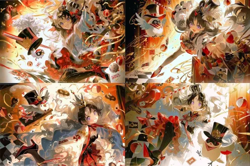 竖版插画，低角度仰视镜头，少女居于画面中心，腾空跃起，充满爆发力与动感。 少女有着一头飘逸修长的银白色长发，发丝蓬松舒展，紫水晶色的眼眸明亮灵动，嘴角扬起自信张扬的笑容，神态鲜活耀眼。 头戴银黑配色、造型锐利的尖顶小王冠，搭配小巧的红色尖角装饰。身穿红白撞色的马戏团演出蓬蓬裙，裙身带有荷叶花边、蝴蝶结与精致剪裁，高饱和度红裙衬着白色内衬；搭配黑色长筒蕾丝过膝袜、红黑尖头高跟。一只手握住红白条纹的马戏指挥棒向上举起，旁边有q版卡通小鸟，通体白羽，翅膀边缘带有浅灰斑纹，翅膀一侧内衬为红色。头戴黑色高顶礼帽，帽子装饰白色卷曲羽毛、红白色格纹饰带与金色小徽章；脸上佩戴黑红配色的假面眼罩，脖子系红白三角领结。小鸟摆出俏皮单腿抬起的pose，一只翅膀抬起搭在帽檐旁，姿态灵动俏皮。 环境是嘉年华游乐场舞台，黑白方格地板，橙红渐变的暖光背景。画面里漂浮着大量红白沙滩球、扑克牌、金色飘带彩屑，各种面具，元素四散翻飞，光影是浓烈的暖橙逆光，明暗对比强烈，笔触松散写意，色彩热烈活泼，整体是喧闹欢乐、刺激狂欢的马戏团氛围。