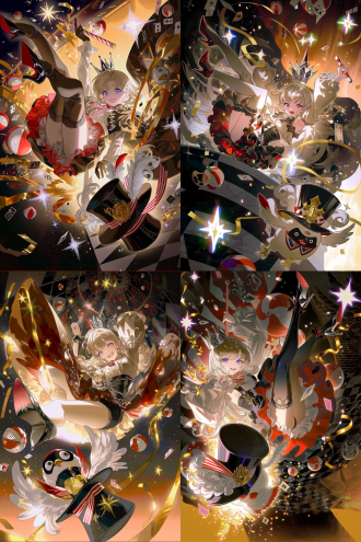 竖版插画，低角度仰视镜头，少女居于画面中心，腾空跃起，充满爆发力与动感。 少女有着一头飘逸修长的银白色长发，发丝蓬松舒展，紫水晶色的眼眸明亮灵动，嘴角扬起自信张扬的笑容，神态鲜活耀眼。 头戴银黑配色、造型锐利的尖顶小王冠，搭配小巧的红色尖角装饰。身穿红白撞色的马戏团演出蓬蓬裙，裙身带有荷叶花边、蝴蝶结与精致剪裁，高饱和度红裙衬着白色内衬；搭配黑色长筒蕾丝过膝袜、红黑尖头高跟。一只手握住红白条纹的马戏指挥棒向上举起，旁边有q版卡通小鸟，通体白羽，翅膀边缘带有浅灰斑纹，翅膀一侧内衬为红色。头戴黑色高顶礼帽，帽子装饰白色卷曲羽毛、红白色格纹饰带与金色小徽章；脸上佩戴黑红配色的假面眼罩，脖子系红白三角领结。小鸟摆出俏皮单腿抬起的pose，一只翅膀抬起搭在帽檐旁，姿态灵动俏皮。 环境是嘉年华游乐场舞台，黑白方格地板，橙红渐变的暖光背景。画面里漂浮着大量红白沙滩球、扑克牌、金色飘带彩屑，各种面具，元素四散翻飞，光影是浓烈的暖橙逆光，明暗对比强烈，笔触松散写意，色彩热烈活泼，整体是喧闹欢乐、刺激狂欢的马戏团氛围。