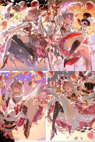 竖版插画，低角度仰视镜头，少女居于画面中心，腾空跃起，充满爆发力与动感。 少女有着一头飘逸修长的银白色长发，发丝蓬松舒展，紫水晶色的眼眸明亮灵动，嘴角扬起自信张扬的笑容，神态鲜活耀眼。 头戴银黑配色、造型锐利的尖顶小王冠，搭配小巧的红色尖角装饰。身穿红白撞色的马戏团演出蓬蓬裙，裙身带有荷叶花边、蝴蝶结与精致剪裁，高饱和度红裙衬着白色内衬；搭配黑色长筒蕾丝过膝袜、红黑尖头高跟。一只手握住红白条纹的马戏指挥棒向上举起，旁边有q版卡通小鸟，通体白羽，翅膀边缘带有浅灰斑纹，翅膀一侧内衬为红色。头戴黑色高顶礼帽，帽子装饰白色卷曲羽毛、红白色格纹饰带与金色小徽章；脸上佩戴黑红配色的假面眼罩，脖子系红白三角领结。小鸟摆出俏皮单腿抬起的pose，一只翅膀抬起搭在帽檐旁，姿态灵动俏皮。 环境是嘉年华游乐场舞台，黑白方格地板，橙红渐变的暖光背景。画面里漂浮着大量红白沙滩球、扑克牌、金色飘带彩屑，各种面具，元素四散翻飞，光影是浓烈的暖橙逆光，明暗对比强烈，笔触松散写意，色彩热烈活泼，整体是喧闹欢乐、刺激狂欢的马戏团氛围。