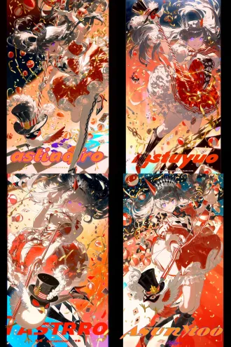竖版插画，低角度仰视镜头，少女居于画面中心，腾空跃起，充满爆发力与动感。 少女有着一头飘逸修长的银白色长发，发丝蓬松舒展，紫水晶色的眼眸明亮灵动，嘴角扬起自信张扬的笑容，神态鲜活耀眼。 头戴银黑配色、造型锐利的尖顶小王冠，搭配小巧的红色尖角装饰。身穿红白撞色的马戏团演出蓬蓬裙，裙身带有荷叶花边、蝴蝶结与精致剪裁，高饱和度红裙衬着白色内衬；搭配黑色长筒蕾丝过膝袜、红黑尖头高跟。一只手握住红白条纹的马戏指挥棒向上举起，旁边有q版卡通小鸟，通体白羽，翅膀边缘带有浅灰斑纹，翅膀一侧内衬为红色。头戴黑色高顶礼帽，帽子装饰白色卷曲羽毛、红白色格纹饰带与金色小徽章；脸上佩戴黑红配色的假面眼罩，脖子系红白三角领结。小鸟摆出俏皮单腿抬起的pose，一只翅膀抬起搭在帽檐旁，姿态灵动俏皮。 环境是嘉年华游乐场舞台，黑白方格地板，橙红渐变的暖光背景。画面里漂浮着大量红白沙滩球、扑克牌、金色飘带彩屑，各种面具，元素四散翻飞，光影是浓烈的暖橙逆光，明暗对比强烈，笔触松散写意，色彩热烈活泼，整体是喧闹欢乐、刺激狂欢的马戏团氛围。