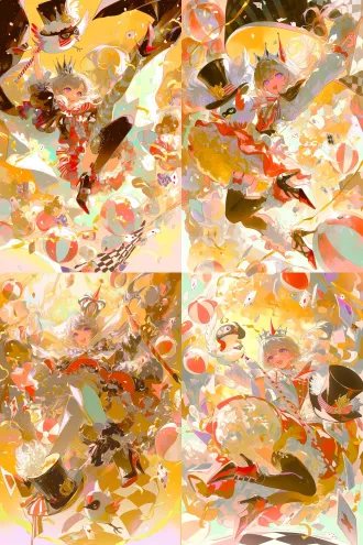 竖版插画，低角度仰视镜头，少女居于画面中心，腾空跃起，充满爆发力与动感。 少女有着一头飘逸修长的银白色长发，发丝蓬松舒展，紫水晶色的眼眸明亮灵动，嘴角扬起自信张扬的笑容，神态鲜活耀眼。 头戴银黑配色、造型锐利的尖顶小王冠，搭配小巧的红色尖角装饰。身穿红白撞色的马戏团演出蓬蓬裙，裙身带有荷叶花边、蝴蝶结与精致剪裁，高饱和度红裙衬着白色内衬；搭配黑色长筒蕾丝过膝袜、红黑尖头高跟。一只手握住红白条纹的马戏指挥棒向上举起，旁边有q版卡通小鸟，通体白羽，翅膀边缘带有浅灰斑纹，翅膀一侧内衬为红色。头戴黑色高顶礼帽，帽子装饰白色卷曲羽毛、红白色格纹饰带与金色小徽章；脸上佩戴黑红配色的假面眼罩，脖子系红白三角领结。小鸟摆出俏皮单腿抬起的pose，一只翅膀抬起搭在帽檐旁，姿态灵动俏皮。 环境是嘉年华游乐场舞台，黑白方格地板，橙红渐变的暖光背景。画面里漂浮着大量红白沙滩球、扑克牌、金色飘带彩屑，各种面具，元素四散翻飞，光影是浓烈的暖橙逆光，明暗对比强烈，笔触松散写意，色彩热烈活泼，整体是喧闹欢乐、刺激狂欢的马戏团氛围。