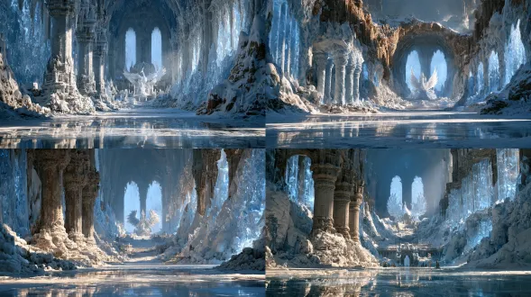 environment concept plate of a grand xianxia ice-palace throne hall, empty stage, no characters, for a donghua-style animation production. view: from the wide open main door at the south end, looking straight down the central axis toward the far end of the hall. layout, foreground to background: polished mirror-like ice-crystal floor with soft reflections; mid-hall on the left side, a cluster of two to three thick carved ice pillars partially screening the view; at the far end centered on the axis, an ornate ice throne carved with a spread-wing ice phoenix, standing beneath two large frosted ice windows side by side, the only key light source, cold white daylight pouring in from above at an angle and washing the throne area in a soft glow; walls lined with translucent ice crystal panels catching small blue refractions; high vaulted ceiling faintly out of focus. materials and colors: translucent blue-white ice, high reflectivity on the floor, matte frost on the walls; overall pale blue-white palette, no warm tones. style: modern chinese fantasy donghua, semi-thick painting, atmospheric depth with layered light haze. no people, no readable text, no watermark, no extra doors, no lamps or braziers. keep consistent: two windows above the throne, throne centered facing the axis, ice pillar cluster on the left mid-hall, reflective floor, cold daylight from the windows only. avoid: warm light, snowfall inside, melting or dripping water, gold decoration, changed window count, moved throne.