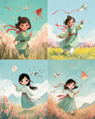 adorable 6-year-old chinese girl in a celadon-green hanfu, neat bangs and shoulder-length black hair tied with a red silk ribbon, running across a spring meadow holding the string of a traditional swallow-shaped paper kite high in a clear blue sky, golden rapeseed flower fields and pink peach blossoms behind her, swallows flying, front view facing the viewer, chubby cheeks, big sparkling eyes, gentle smile, chinese guofeng children's picture book illustration, soft watercolor with ink-wash accents, warm pastel palette with red and celadon accents, delicate linework, storybook art, clean composition, high detail