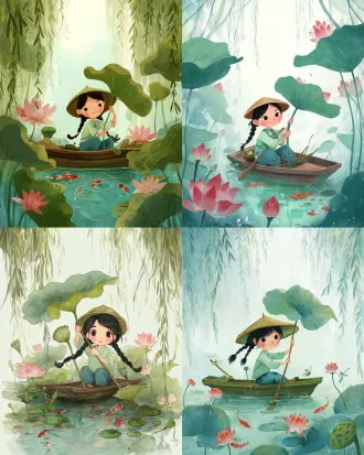 adorable 6-year-old chinese girl sitting in a small wooden boat on a summer lotus pond, wearing a mint-green top and blue trousers, two long braids and a small bamboo hat, holding a big lotus leaf as an umbrella, reaching for a lotus seedpod, blooming pink lotus flowers, dragonflies hovering over the water, koi fish swimming beneath, weeping willows in soft mist, front view facing the viewer, chubby cheeks, big sparkling eyes, serene smile, chinese guofeng children's picture book illustration, soft watercolor with ink-wash accents, warm pastel palette with red and celadon accents, delicate linework, storybook art, clean composition, high detail