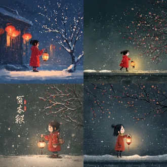 红棉袄小女孩冬夜提灯笼看雪，可爱，国风插画，雪花，梅花，夜景灯光