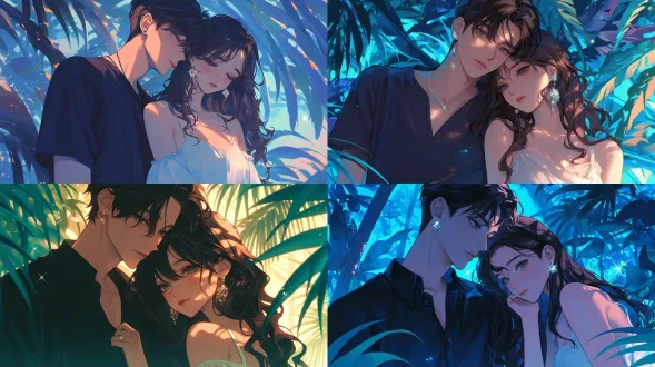 韩漫风，一对亚洲年轻男女，男生从身后把头轻靠在女生头顶，女生温柔依偎，男生深色短发黑衬衫耳圈，女生大波浪长发白色吊带裙，长款闪钻耳饰，茂密热带阔叶背景，深蓝叶子带橙黄色边缘光，蓝紫色朦胧雾感，逆光轮廓光，漂浮细碎光点，莫兰迪绿主色调，浪漫氛围感，颗粒质感，8k，16:9，画面无任何文字水印