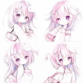 少女是q版画风，留着柔和的粉色短发，两侧扎起小小的环状小揪，发间点缀爱心与星星装饰发卡，还有一个小兔子造型发夹，一侧眼睛戴着印有粉色爱心图案的白色眼罩，另一只眼睛圆润明亮，双手在胸前轻轻交握，身上穿着宽松的白色长袖上衣，袖口印有粉色小星星，背着一只粉色双肩书包，书包上带有可爱小兔徽章，纯白色背景，线条干净利落，粗边线稿，平涂风格。
