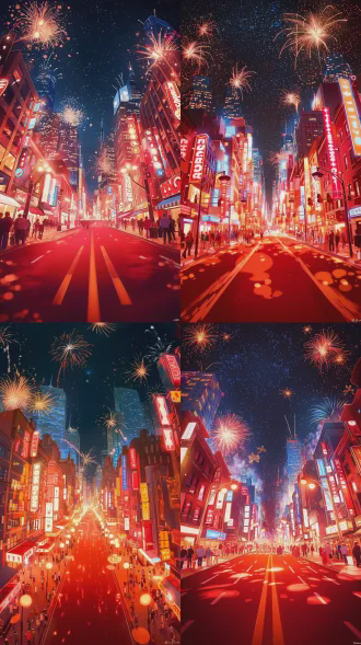 繁华城市夜景，霓虹灯牌璀璨闪耀，烟花绽放于天际，街道高楼林立，行人漫步观赏，红色路面反射光影，构图饱满充满动感，采用广角镜头，低角度拍摄，长曝光捕捉光轨，色彩饱和对比强烈，暖色调为主，氛围欢快热烈，体现都市庆典活力。