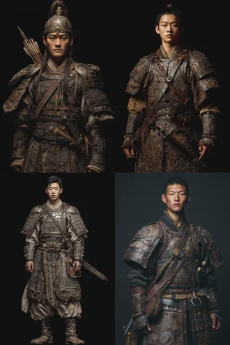 全身固定框照片，19岁东亚男子，高大英武，身着西汉汉军全套札甲，腰悬环首刀，背负弩机，身姿如松挺立，纯黑背景，眼神不羁锐利，充满军旅气场，锐利聚焦，影棚灯光，戏剧性侧光，威严表情，历史重现，冷金属色调，庄严肃穆。