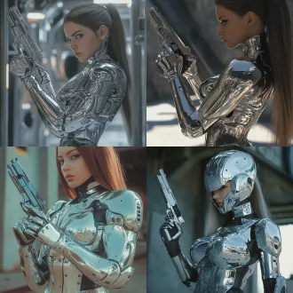 一个女孩拿着枪，穿着镀铬银色铠甲