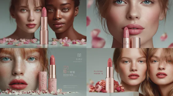 对称构图的美妆产品广告场景，画面中心为一支开启的立体口红特写，膏体呈现丝绒质感的干枯玫瑰色，表面带有细腻的珠光粒子与品牌logo刻纹。左右两侧对称排列两位模特局部半脸妆容示范：左侧为冷白肤色模特，右侧为暖黄肤色模特，均展示精准涂抹同色口红的唇部效果，唇纹细节清晰，唇峰高光自然。皮肤细节纹理真实，口红膏体切面呈现柔雾质感，管身为玫瑰金材质并反射环境光。模特肌肤毛孔与绒毛细节写实，睫毛为自然纤长款。背景为浅灰蓝渐变纸质纹理，散落少量干燥玫瑰花瓣与半透明糖纸。顶部柔光箱形成环形眼神光，在亚克力展台表面产生柔和漫反射。整体色调采用粉雾冷调（色温约5500k），口红颜色饱和度为中等偏低以突出日常感。背景加入极浅的薄荷绿晕染，画面右下角标注手写体「每日通勤妆」字样。风格为商业静物摄影，画面比例为4:5，画质精度8k。