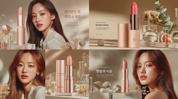 【对称构图的专业口红展台，中央为3d立体玫瑰金管口红，膏体呈雾面豆沙玫瑰色（色号#daily rose），表面有细腻柔焦质感与微光粒子。左右对称布局：左侧为冷白肤质模特，右侧为暖杏肤质模特，均呈现自然日常通勤妆容，唇部精准涂抹同色口红，唇纹细节柔和。背景为浅米灰渐变肌理墙，搭配散落的玻璃试管、珍珠饰品与干燥尤加利叶。顶部柔光箱形成环形自然光，在亚克力展台投出柔和阴影，口红管身反射环境光斑。整体为低饱和冷粉色调，空气感光晕覆盖画面。风格为商业静物摄影，细节精度8k，比例4:5，画面带有“每日灵感妆容”纤细水印】生成可用ps编辑，分图层格式