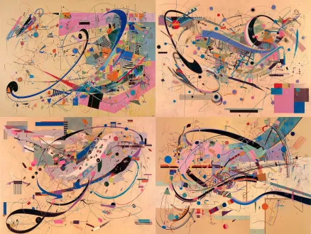 抽象表现主义混合媒介画，暖米色纹理画布，乱序黑涂鸦钴蓝霓虹粉橙曲线，马卡龙色几何图形，条纹波点三角矩形碎片图腾，高对比度，分层纹理，当代美术馆级，8k，3:2。