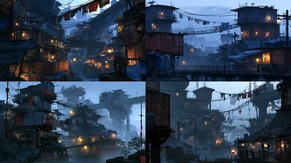 场景概念设定图，纯全景镜头，无人物，无文字，无水印。建立在城市边缘垃圾山和废弃高架桥上的异兽贫民窟。房屋由生锈的集装箱、巨大的仙族飞舟金属残骸、破旧铁皮和防水布胡乱拼凑而成。错综复杂的铁索桥连接着各个建筑，半空中挂满了晾晒的破旧衣服和五颜六色的塑料布。杂乱的电线和生锈的水管如同蜘蛛网般缠绕。几盏昏暗的防风油灯在夜风中摇曳，散发出微弱的暖黄光晕。空无一人，透着废土般的荒凉与底层求生野蛮生长的生命力。 【整体风格】：好莱坞真人暗黑赛博废土电影风格，高对比度低调光，以冷蓝灰色的废土色调为主，局部点缀昏暗的暖黄灯光。极度粗粝的生锈金属、破旧布料质感，35mm电影胶片质感，真实的灰尘与锈迹细节，电影级景深。