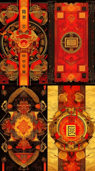 竖版国潮创意符箓海报，对称构图，明黄古宣纸背景，对称几何线貔貅衔朱红绳挂古铜钱，古币回纹边框，高对比，丝印木刻版画质感，亮黄墨黑亮金朱红色，无文字，3:4画幅