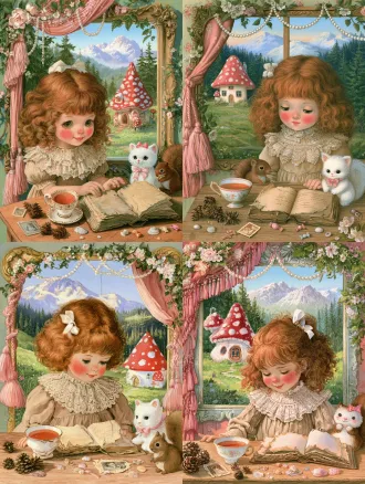 vintage fairy tale children's book illustration, cute little girl with curly reddish brown hair, small white bow in hair, rosy blushed cheeks, wearing vintage beige dress with delicate lace ruffled collar, soft gentle expression looking down at table, wooden table in foreground with vintage bone china teacup full of warm tea, open old tattered fairy tale book, scattered pine cones, tiny seashells, mini old photo, candies, cute white plush cat with pink bow, little brown squirrel sitting beside table, decorative window frame wrapped with pink tassel curtain, fresh flower vines and pearl garland decoration, outside the window is red white spotted mushroom house, green meadow, forest, distant snow capped mountains, clear blue sky, soft warm sunlight, pastel dreamy color palette, highly detailed brush strokes, 90s storybook art style, ultra detailed
