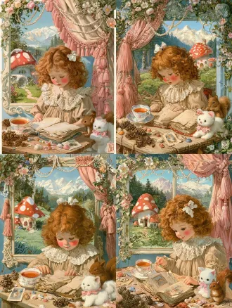 vintage fairy tale children's book illustration, cute little girl with curly reddish brown hair, small white bow in hair, rosy blushed cheeks, wearing vintage beige dress with delicate lace ruffled collar, soft gentle expression looking down at table, wooden table in foreground with vintage bone china teacup full of warm tea, open old tattered fairy tale book, scattered pine cones, tiny seashells, mini old photo, candies, cute white plush cat with pink bow, little brown squirrel sitting beside table, decorative window frame wrapped with pink tassel curtain, fresh flower vines and pearl garland decoration, outside the window is red white spotted mushroom house, green meadow, forest, distant snow capped mountains, clear blue sky, soft warm sunlight, pastel dreamy color palette, highly detailed brush strokes, 90s storybook art style, ultra
