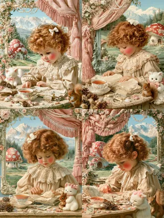 vintage fairy tale children's book illustration, cute little girl with curly reddish brown hair, small white bow in hair, rosy blushed cheeks, wearing vintage beige dress with delicate lace ruffled collar, soft gentle expression looking down at table, wooden table in foreground with vintage bone china teacup full of warm tea, open old tattered fairy tale book, scattered pine cones, tiny seashells, mini old photo, candies, cute white plush cat with pink bow, little brown squirrel sitting beside table, decorative window frame wrapped with pink tassel curtain, fresh flower vines and pearl garland decoration, outside the window is red white spotted mushroom house, green meadow, forest, distant snow capped mountains, clear blue sky, soft warm sunlight, pastel dreamy color palette, highly detailed brush strokes, 90s storybook art style, ultra