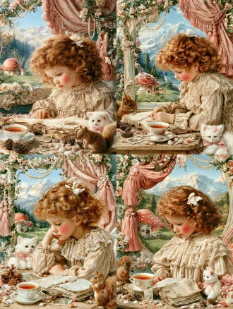 vintage fairy tale children's book illustration, cute little girl with curly reddish brown hair, small white bow in hair, rosy blushed cheeks, wearing vintage beige dress with delicate lace ruffled collar, soft gentle expression looking down at table, wooden table in foreground with vintage bone china teacup full of warm tea, open old tattered fairy tale book, scattered pine cones, tiny seashells, mini old photo, candies, cute white plush cat with pink bow, little brown squirrel sitting beside table, decorative window frame wrapped with pink tassel curtain, fresh flower vines and pearl garland decoration, outside the window is red white spotted mushroom house, green meadow, forest, distant snow capped mountains, clear blue sky, soft warm sunlight, pastel dreamy color palette, highly detailed brush strokes, 90s storybook art style, ultra