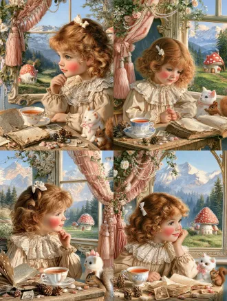 vintage fairy tale children's book illustration, cute little girl with curly reddish brown hair, small white bow in hair, rosy blushed cheeks, wearing vintage beige dress with delicate lace ruffled collar, soft gentle expression looking down at table, wooden table in foreground with vintage bone china teacup full of warm tea, open old tattered fairy tale book, scattered pine cones, tiny seashells, mini old photo, candies, cute white plush cat with pink bow, little brown squirrel sitting beside table, decorative window frame wrapped with pink tassel curtain, fresh flower vines and pearl garland decoration, outside the window is red white spotted mushroom house, green meadow, forest, distant snow capped mountains, clear blue sky, soft warm sunlight, pastel dreamy color palette, highly detailed brush strokes, 90s storybook art style, ultra