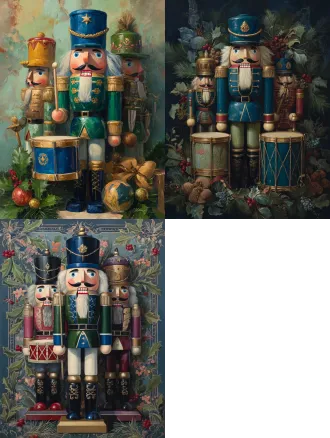 这幅油画以胡桃夹子力主题，以鼓手胡桃夹子为主题，小墙上的口音是一幅胡桃夹子打鼓的画，穿着深绿色和蓝色的衣服。胡桃夹子的角色被细致的松枝和冬青浆果包围，搭配色彩丰富的胡桃夹子和金属金色的口音，在你的度假屋里看起来很高贵