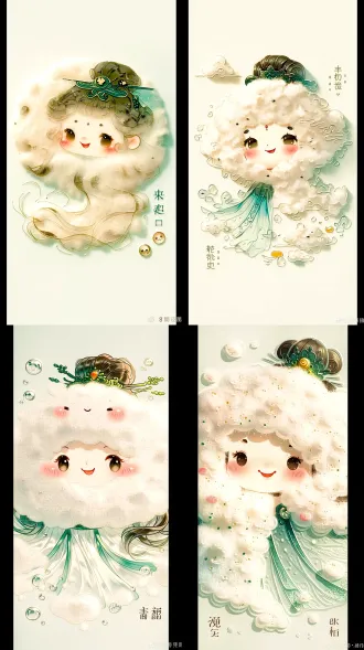 ip表情包 原创ip表情包，单人半身构图，角色开心挥手笑眼弯弯，脸颊粉色毛毡红晕，整体手工戳戳乐羊毛毡肌理，细密绒毛纤维，哑光柔和绒面，纯色纯白背景，柔和柔光，简洁干净，可爱治愈画风，8k高清，微信表情包尺寸，无多余杂物反向:光滑塑料、尖锐棱角、杂乱背景、液体、金属反光、变形五官、复杂场景