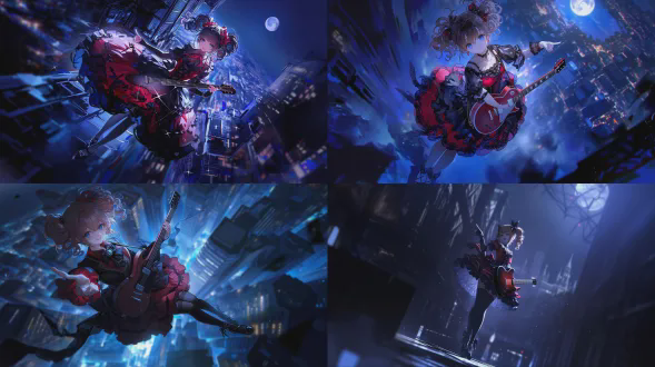 女孩红黑色洛丽塔裙，蓝色眼睛马尾卷发，抱吉他指向远方，微笑悬浮于夜晚城市半空，月光寂静，全身视角荷兰角度，动态模糊，高质量精美画质，中等胸部，摄影，广角镜头，冷色调侧光，梦幻超现实，优雅自信。