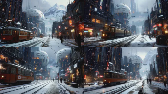 close-up shot of the street in this cyberpunk snow city, foreground: retro tram + snow-covered tracks + pedestrian footprints, background: tall dark buildings with warm orange window lights + giant white spherical pods (matching the reference image), falling snow, cinematic lighting, photorealistic, shot with a 50mm prime lens, eye-level angle, ultra-detailed, 8k