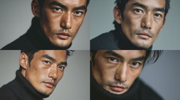 胸部以上特写大头照，严格锁定人物精确面部结构眼型下颌线，85mm f/1.8镜头，浅景深，柔和层次摄影棚灯光，眼神光，真实皮肤质感保留毛孔纹理，纯浅灰背景，黑色高领毛衣，自信自然直视镜头，肖像摄影，商业人像，高清细节，中性色调，专业打光。