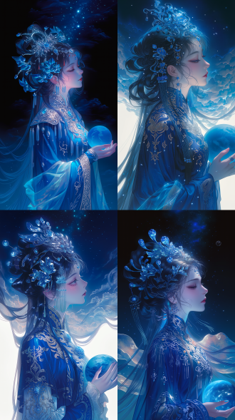 绝美仙侠女仙侧颜正脸，头戴繁复青玉发饰与流苏耳坠，身着绣银纹的青色天衣，双手捧着蓝色星球