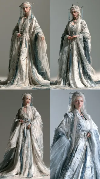full body portrait of elegant ancient chinese moon goddess young woman, long silvery white hair, light blue crescent forehead decal, clear icy blue eyes, cold noble temperament, silver crescent headwear inlaid with sapphires, hanging beaded blue tassel hair ornaments, delicate sapphire silver necklace, wearing heavy embroidered hanfu long dress, main color palette of silvery white, pale moon blue, dark slate blue, the whole dress printed with crescent moon, star and cloud patterns, decorated with pearls, silver ornaments and blue tassels, wide waist belt inlaid with silver crescent ornament and sapphire, layered sheer wide sleeves, trailing floor-length long skirt, delicate translucent fabric texture, soft even studio lighting, plain light grey solid studio background, hyperrealistic, 8k, ultra detailed, photorealistic fine skin texture, sharp focus, high fidelity costume details,