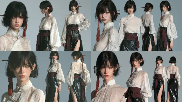 masterpiece, best quality, 8k ultra hd, photorealistic, hyper-detailed, 3d rendered character, high polygon 3d model, physically based rendering, pbr material, unreal engine 5, lumen real-time global illumination, path tracing, cinematic character art, 1 young east asian female, exquisite three-dimensional facial features, short black bob hair with neat bangs, amber light green eyes, realistic skin texture with subtle pores and tiny freckles, skin subsurface scattering, calm indifferent expression, slim figure, off-white sheer chiffon cheongsam collar top, traditional frog button, lantern long sleeves, high-waisted black glossy long skirt with high side slit, burgundy wide waist ribbon, red braided tassel hair accessory on one side, wooden hairpin on the other side, ultra-fine hair fiber details, translucent fabric effect, natural clothing folds, real satin luster, multi-view character reference sheet, close-up front face, close-up side face, full body back view, full body front view, character design turnaround, solid light gray studio background, soft side key light, uniform fill light, no harsh shadows, full depth of field, sharp focus, orthographic view