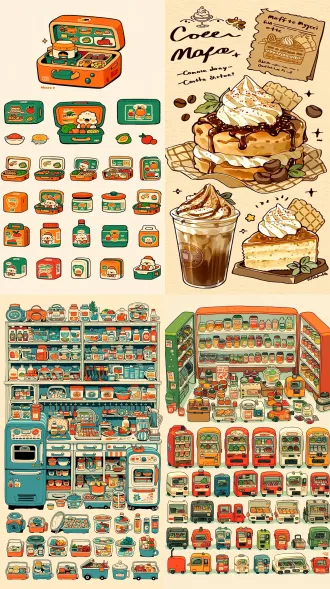 透视，食谱，海报，多视图和多角度显示，/想象美食设计，手绘漫画风格，果酱，丰富色彩，菜单，咖啡牛奶寒天