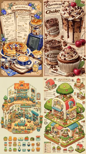 透视，食谱，海报，多视图和多角度显示，/想象美食设计，手绘漫画风格，果酱，丰富色彩，菜单，巧克力棋格蛋糕