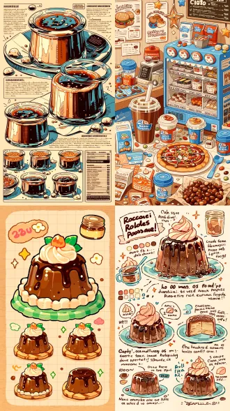 透视，食谱，海报，多视图和多角度显示，/想象美食设计，手绘漫画风格，果酱，丰富色彩，菜单，黑芝麻布丁百汇