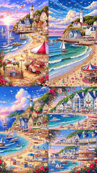 完整关键词：童话绘本插画，夏日海滨小镇，9:16竖版，蓝白海边小屋，沙滩，贝壳小摊，彩色遮阳伞，海边旋转木马，帆船漂浮海面，灯塔，冰淇淋小店，海鸥，傍晚粉紫色晚霞，沙滩小集市，海浪，花环装饰，明亮清新配色，超多细小装饰，细腻手绘，8k高清