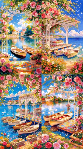 水彩插画，童话奇幻场景，精致繁复装饰，大量鲜花绿植，通透水彩质感，丰富细节，清新明亮马卡龙配色，治愈梦幻氛围，柔和日光，9:16竖构图，湖边洛可可风格游船码头，雕花白色廊架，爬满粉蔷薇，彩色瓷砖平台，停靠奶油色复古小木船，船身装饰鲜花，湖面平静，倒映建筑与云朵，岸边白色天鹅，复古煤油灯，石质花坛种满虞美人，远处林间彩色城堡