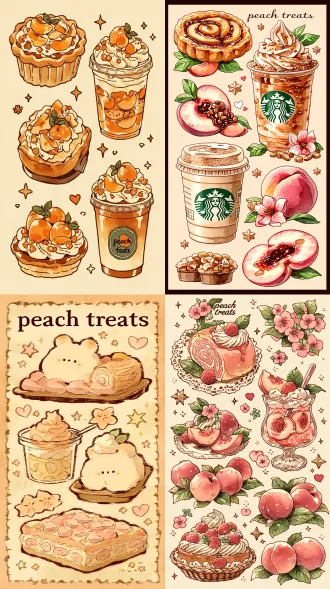 水彩手绘美食插画，钢笔淡彩，清晰棕色勾线，4款蜜桃主题甜品，水蜜桃奶油卷，蜜桃果冻蛋糕，蜜桃雪顶冰饮杯，蜜桃挞，粉嫩水蜜桃果肉，鲜奶油，桃子糖浆，柔和浅橘底色，纸张肌理，星星爱心装饰，画面上方花体英文标题：peach treats，仅这一处标题，其余无文字，通透水彩，甜美温柔配色，手账贴纸风，竖版构图