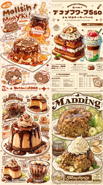 透视，食谱，海报，多视图和多角度显示，/想象美食设计，手绘漫画风格，梨子布丁，果酱，丰富色彩，菜单，