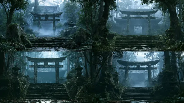 日本破旧神社，对称构图，阴雨黄昏，青苔石阶，斑驳鸟居，3d风格，cg渲染，8k分辨率，全景镜头，冷蓝侧光，孤寂，暗青灰主色调。