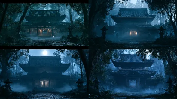 日本破旧神社，对称构图，午夜薄雾，冷蓝调，3d风格，cg渲染，电影感侧逆光，月光洒在朽木上，静谧诡谲，高细节，广角镜头，颗粒质感。