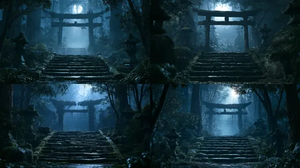 日本破旧神社，半夜，对称构图，月光斜照，青苔石阶，残破鸟居，冷青灰色调，3d渲染，电影感侧逆光，雾气弥漫，孤寂肃穆，焦内锐利，f/1.4大光圈