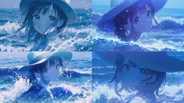 a serene anime-style scene in shades of blue, capturing a smiling girl wearing a wide-brimmed hat as she gazes warmly towards the viewer. she stands amidst gentle ocean waves, with soft sea foam and splashes of water surrounding her. the background features a calm, deep blue sea under a soft, hazy sky, creating a dreamy and tranquil atmosphere. the lighting is soft and diffused, highlighting her gentle expression and the delicate details of her hat and flowing hair.