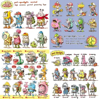 参考图中怪物风格，设计几名在 α 病毒肆虐世界中艰难求生的人类幸存者。统一游戏风格。1、通过造型体现 "类末日求生" 的环境信息（防护、改装、旧物利用、生存装备）2、同时必须传递 "保存希望" 的精神气质（通过姿态、眼神、色彩、随身道具等）3、剪影辨识度高：远景轮廓即可认出